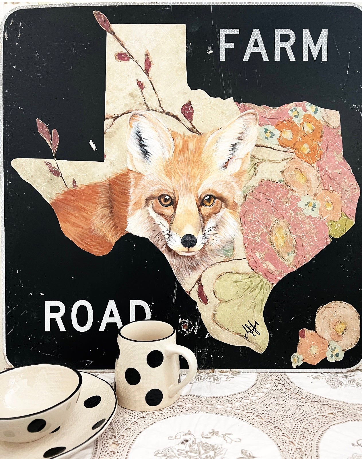 Original Painting of Fox on Farm Road Sign.