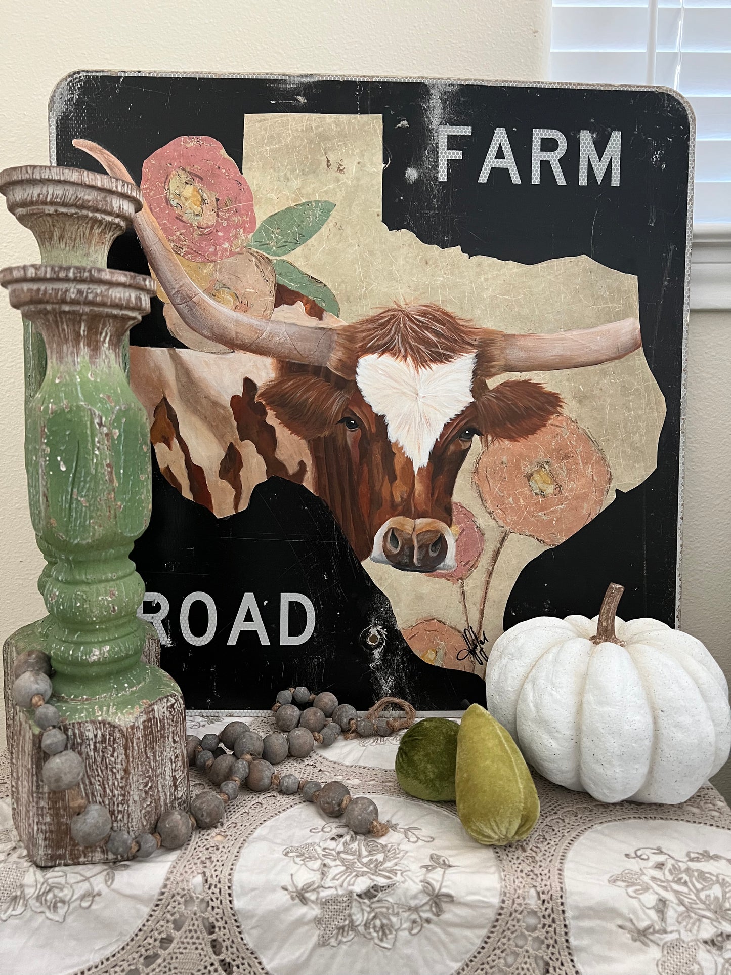 Original 24 X 24 Painting of Longhorn on Authentic Farm Road Sign.